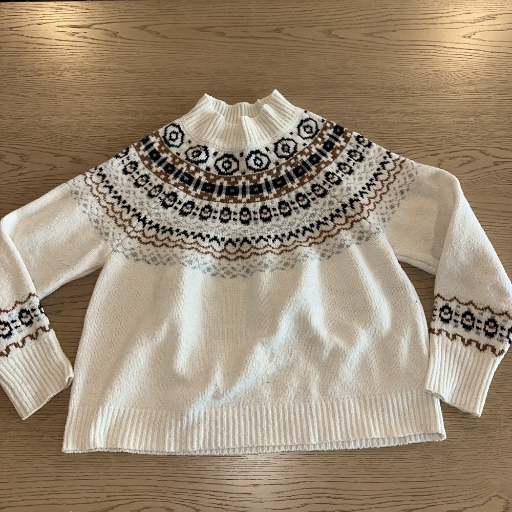 Cupcakes and Cashmere Fair Isle Mock Neck Sweater Cream Multi Women's Large 857